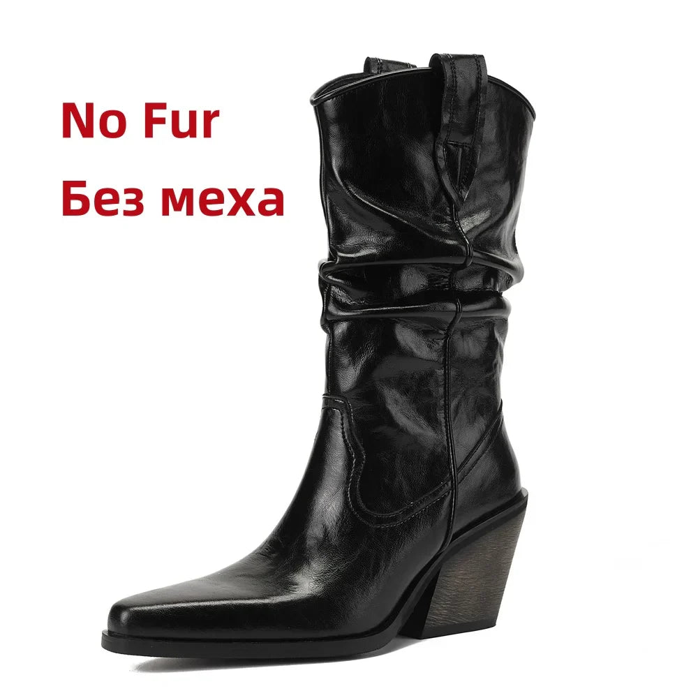 High Heel Leather Shoes Knight Boot Western Cowboy Boots Pointed Toe Thick Soled Short Boot