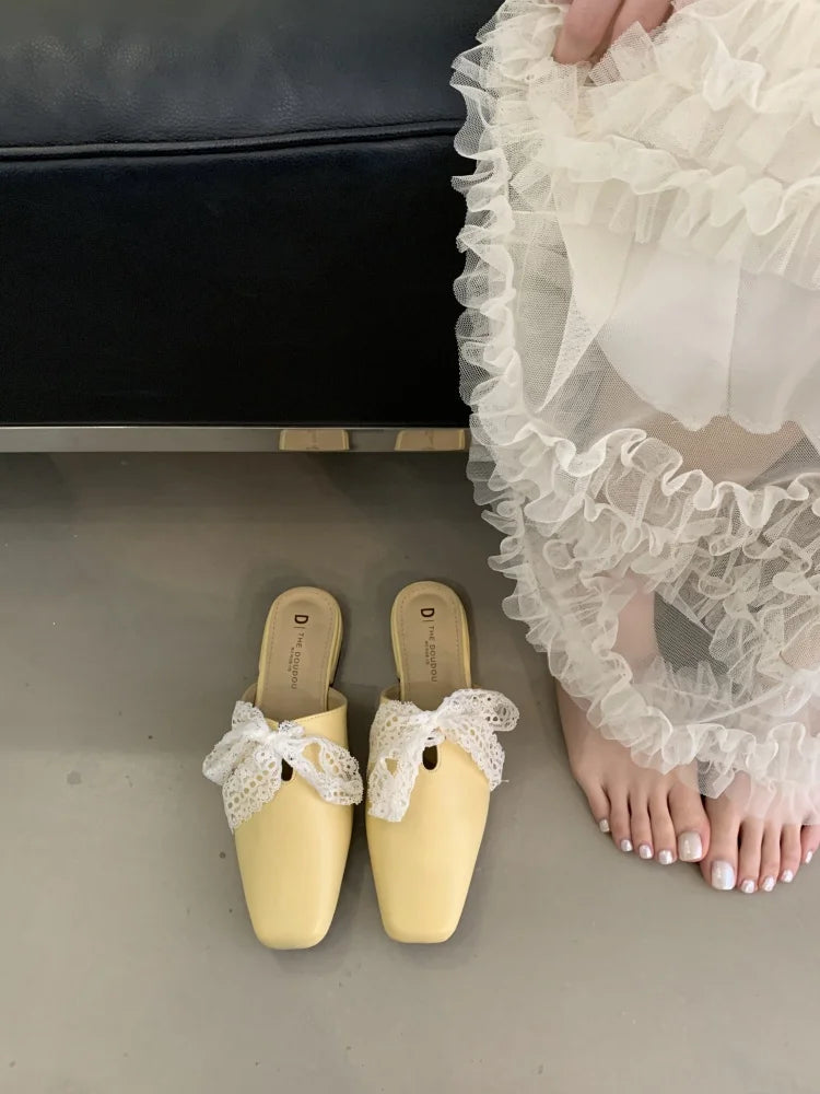Slippers Casual Flat Shoes Lace Beige Heeled Sandals Slides Cover Toe Slipers Mules Butterfly-Knot Blac