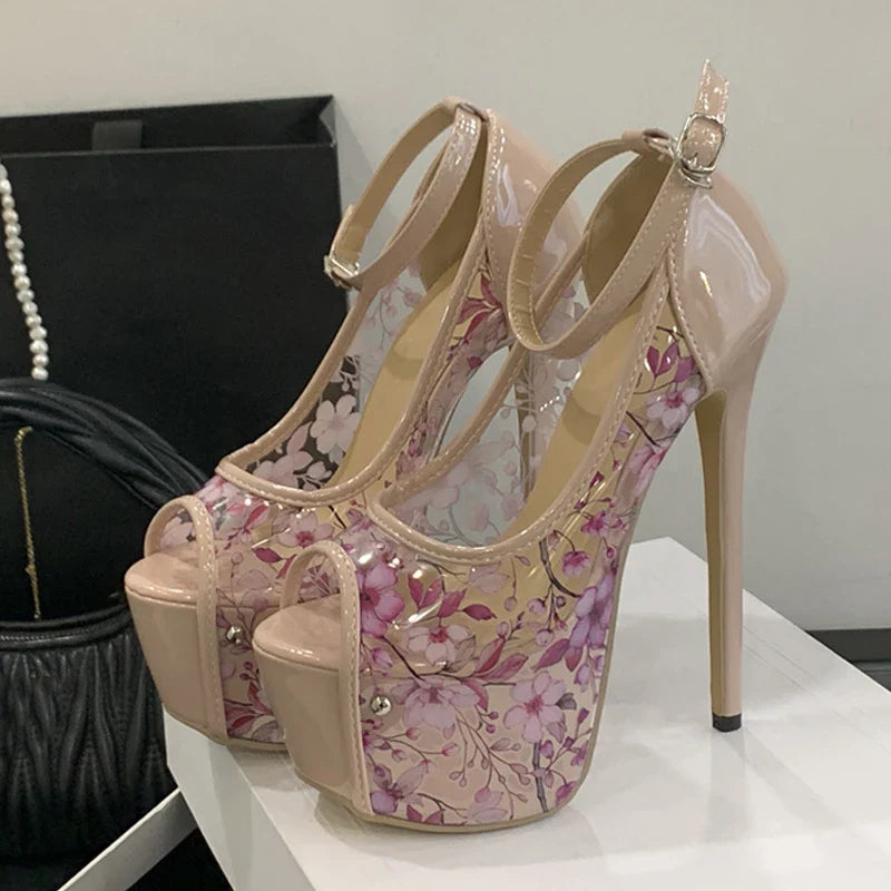 Design Pink Flowers PVC Transparent Platform Pumps Peep Toe 16CM Super High Heels Wedding Banquet Shoes