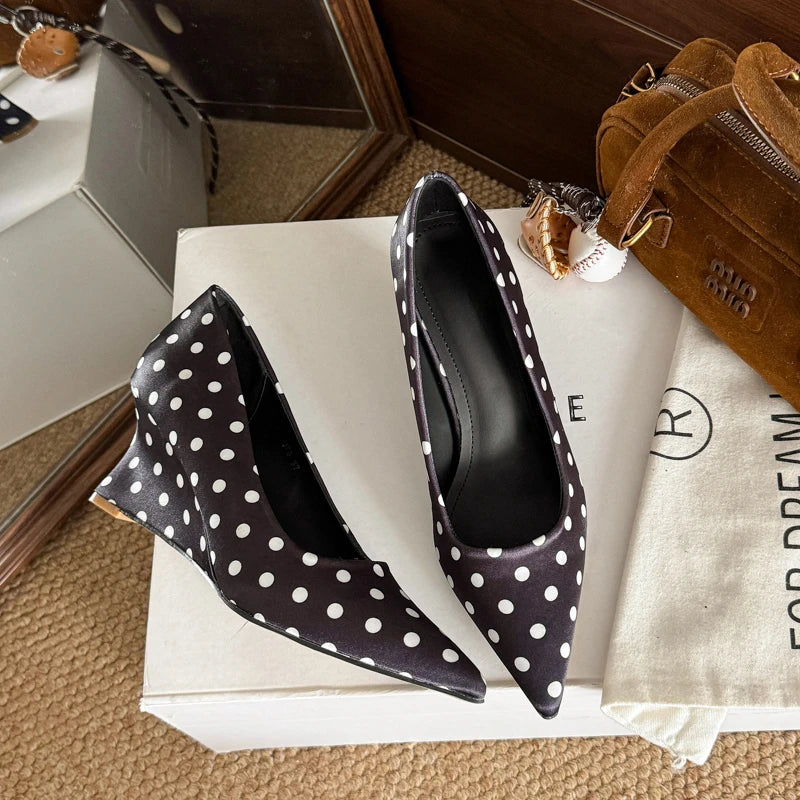 Wedges Heel Mary Jane Shoes Concise Shallow Slip On Shoes Elegant Pointed Toe Dress Polka Dot Pumps