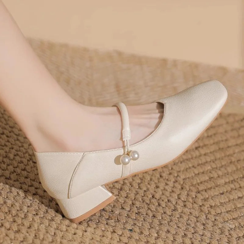 elegant pearl buckle low heel shoes woman two wears slip on moccasins chunky heel soft leather pumps big size 43