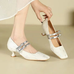 High Heels Silk Square Toe Elegant Comfort Belt Buckle Low Heel Shoes