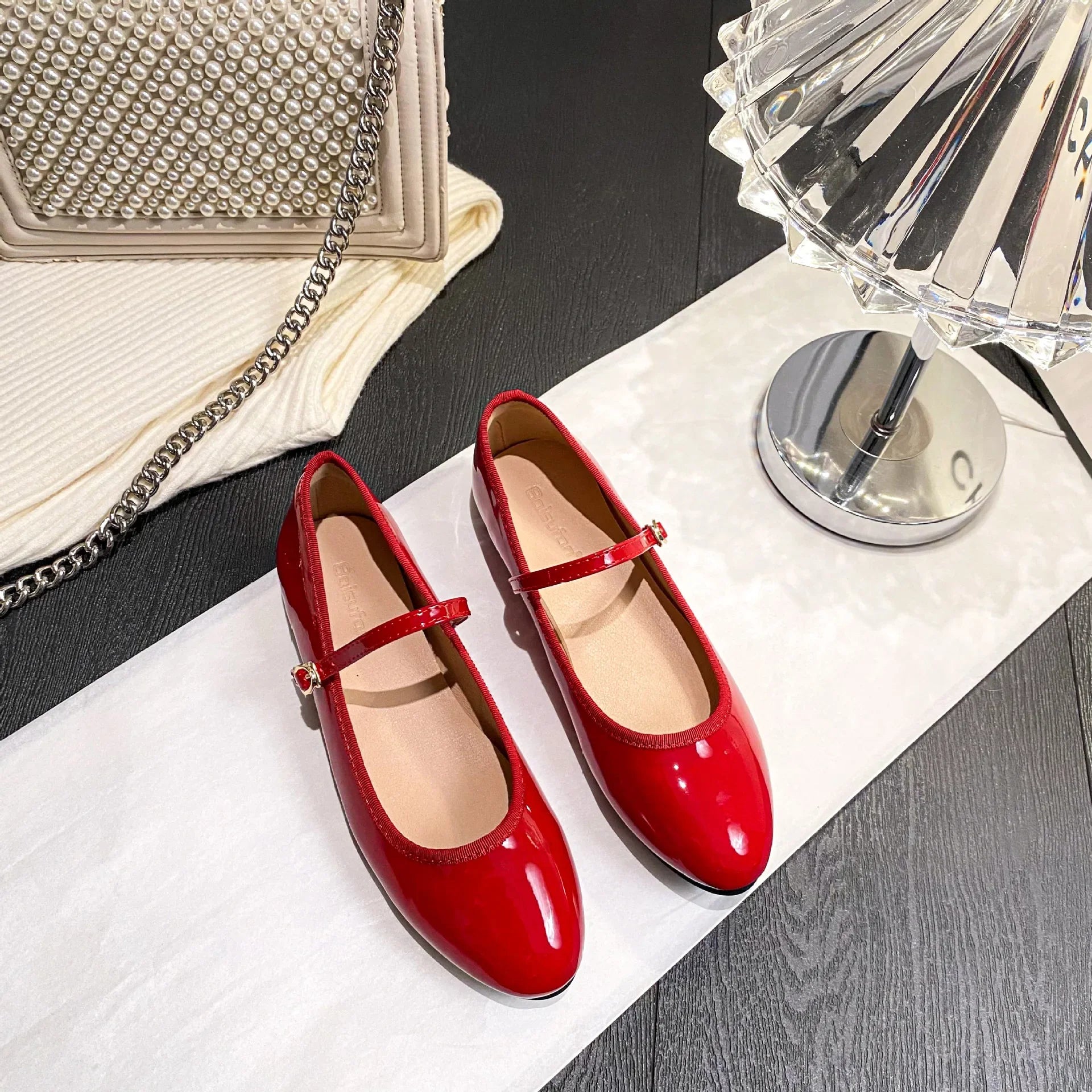 Shiny PU Leaather Flats Mary Janes Shoes Red Elegant Basic Pointed Toe Loafers Daily Casual Black Shoes