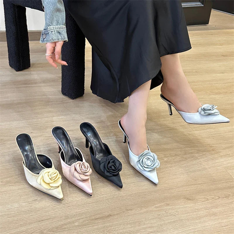 Flower Pointed Toe Shallow Thin High Heels Shoes Slide Mule Slippers