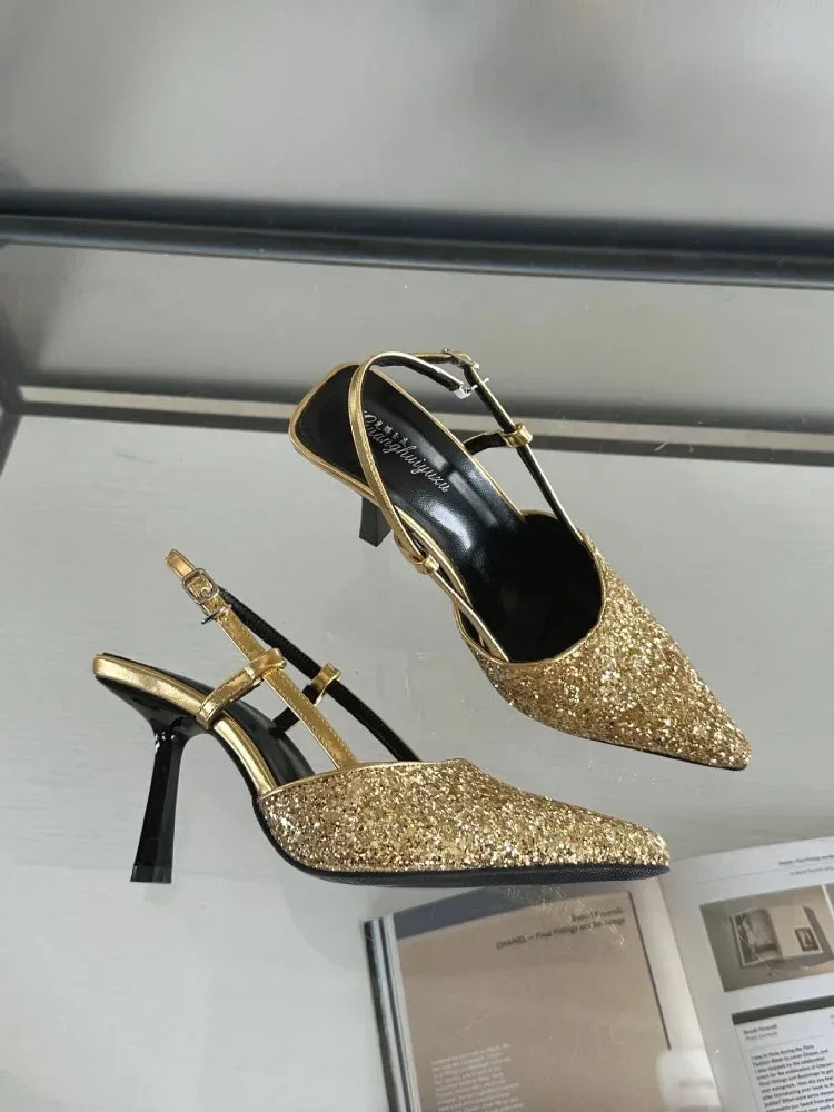 Bling Design Mules Sandals Pointed Toe Thin High Heels Back Strap Banquet Pums