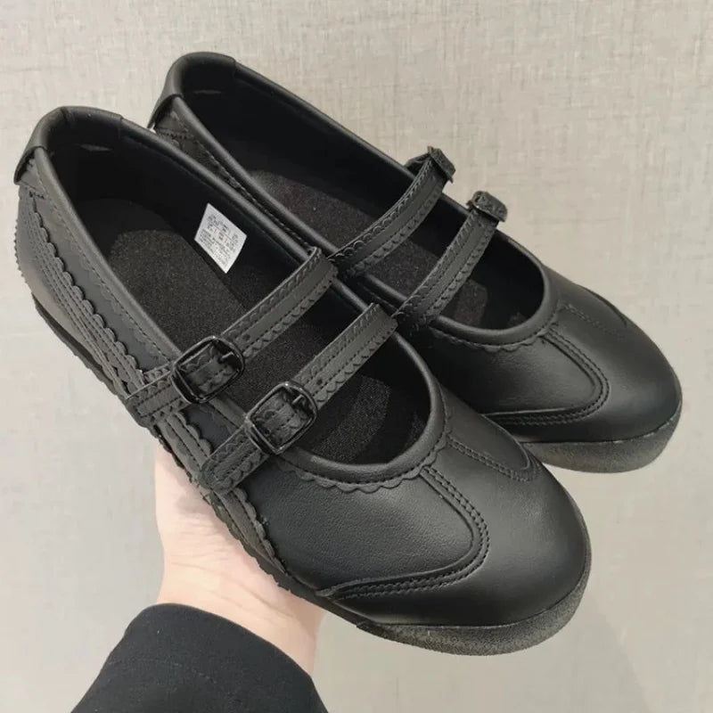 Vintage Round Toe Shallow Mouth Velcro Sports Flat Ballet Shoes Mary Jane Shoes German Training Shoes