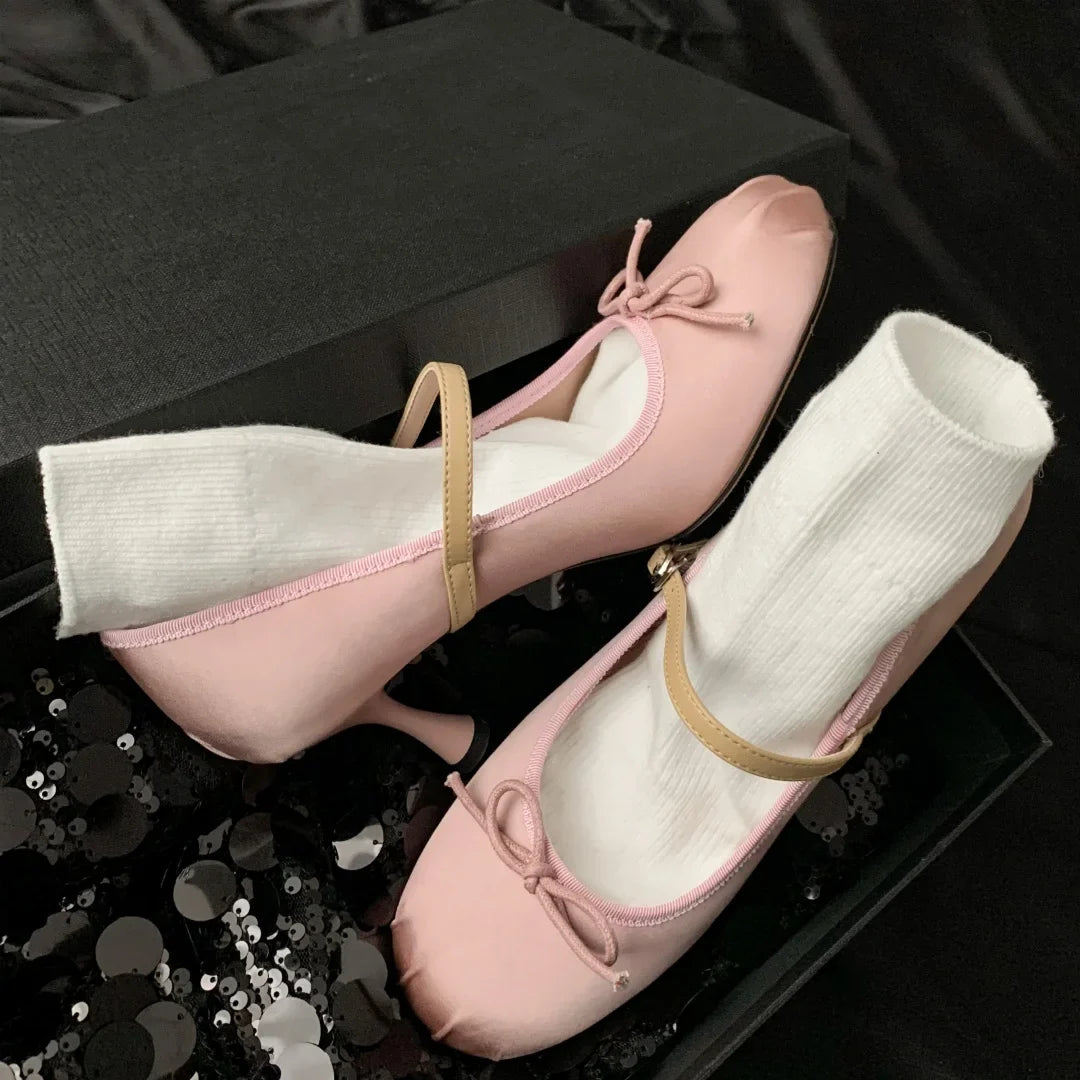 satin fabric sweet bow tie slip-on Mary Jane pumps elegant pink daily dress heeled shoes