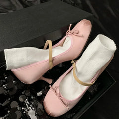 satin fabric sweet bow tie slip-on Mary Jane pumps elegant pink daily dress heeled shoes