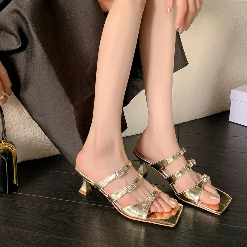 Design Slippers Buckles High Heels Sandals Party Office Genuine Leather Pumps Shoes Woman