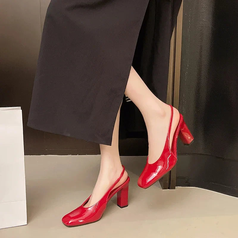 Patent leather high heels square toe open-heeled elegant party large size