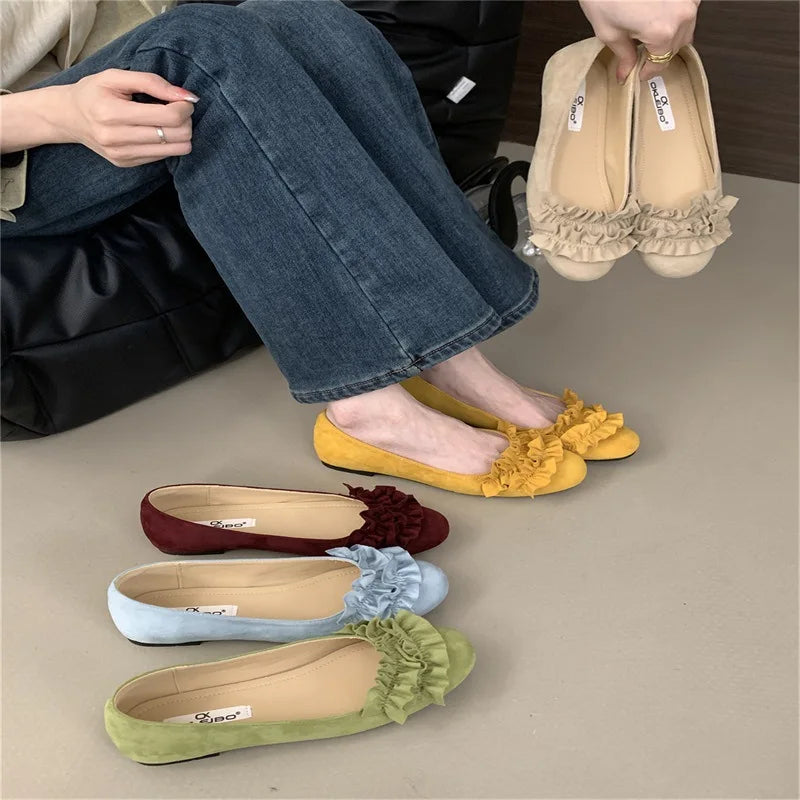 Shoes Woman Flats Shallow Mouth All-Match Modis Casual Sneakers Round Toe Dress Comfortable Rubber Solid Flock F