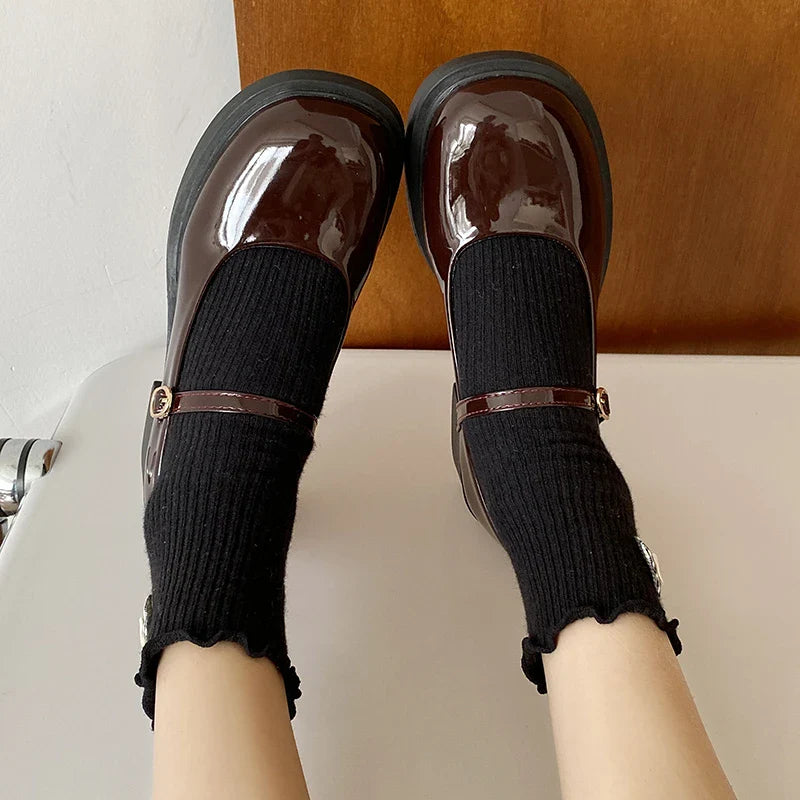 Mary Jane Shoes Simple Glossy PU Causal Uniform Low-heeled Shoes Versatile Lolita Pumps