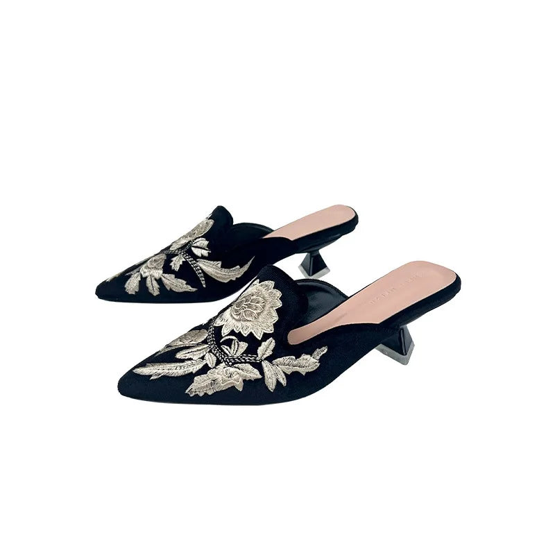Embroidery Velour Shoes Woman Strange Heel Slippers Design Mules Femme Pointed Toe Wedges Tacones Slides Slip On Pantuflas Mujer