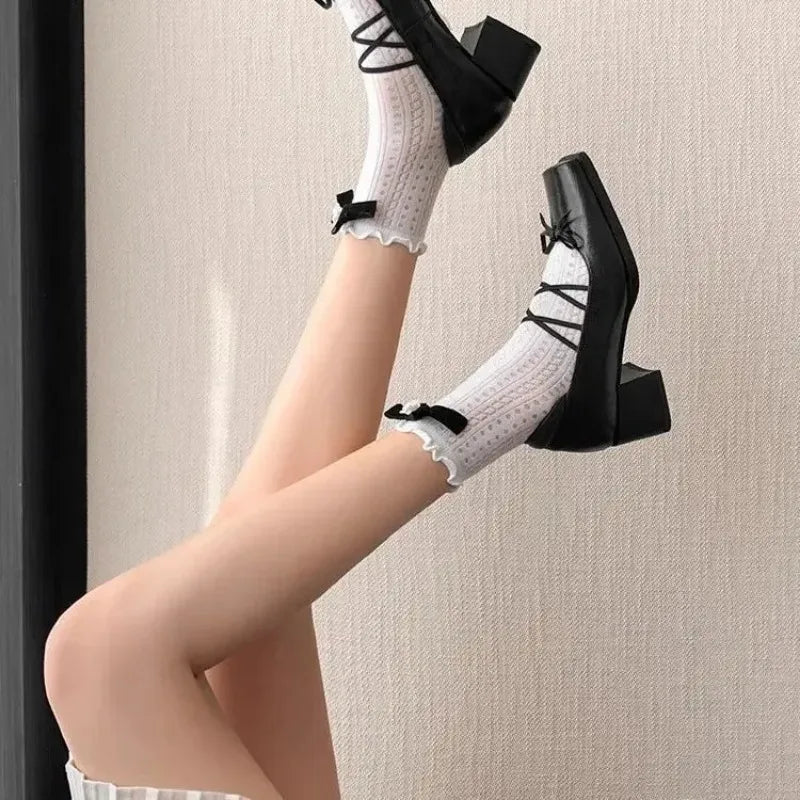 Mary Jane Flat Heels Retro Style Shoes Sweet Cool Butterfly Knot High Heels Comfortable Rubber