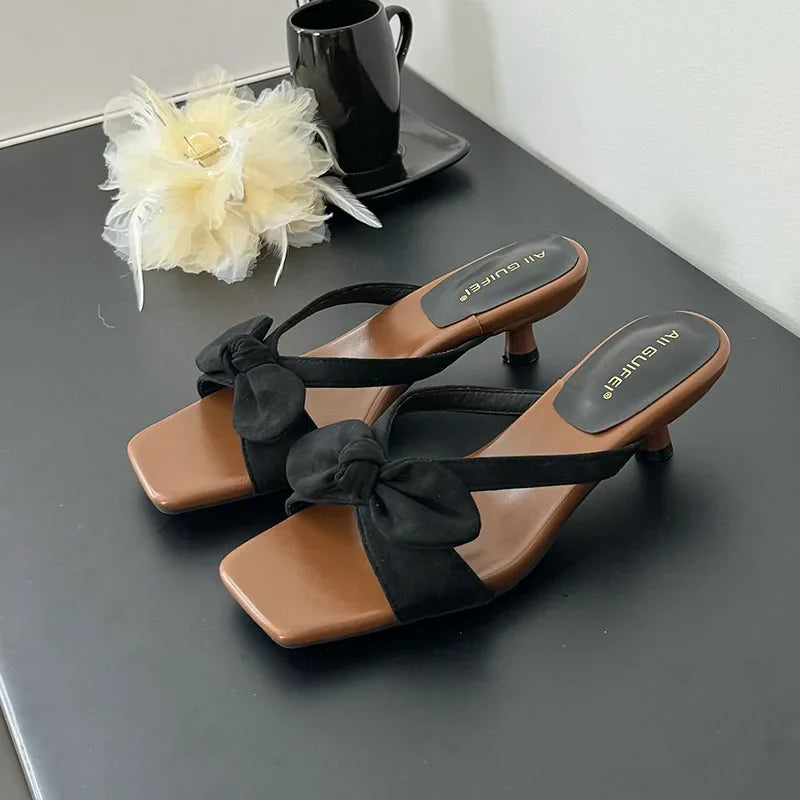 Low Heel Slides Slippers Shoes Butterfly-Knot Heeled Sandals