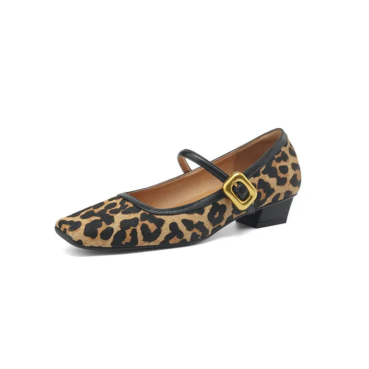 Toe Chunky Heel Shoes Horsehair Leopard Shoes