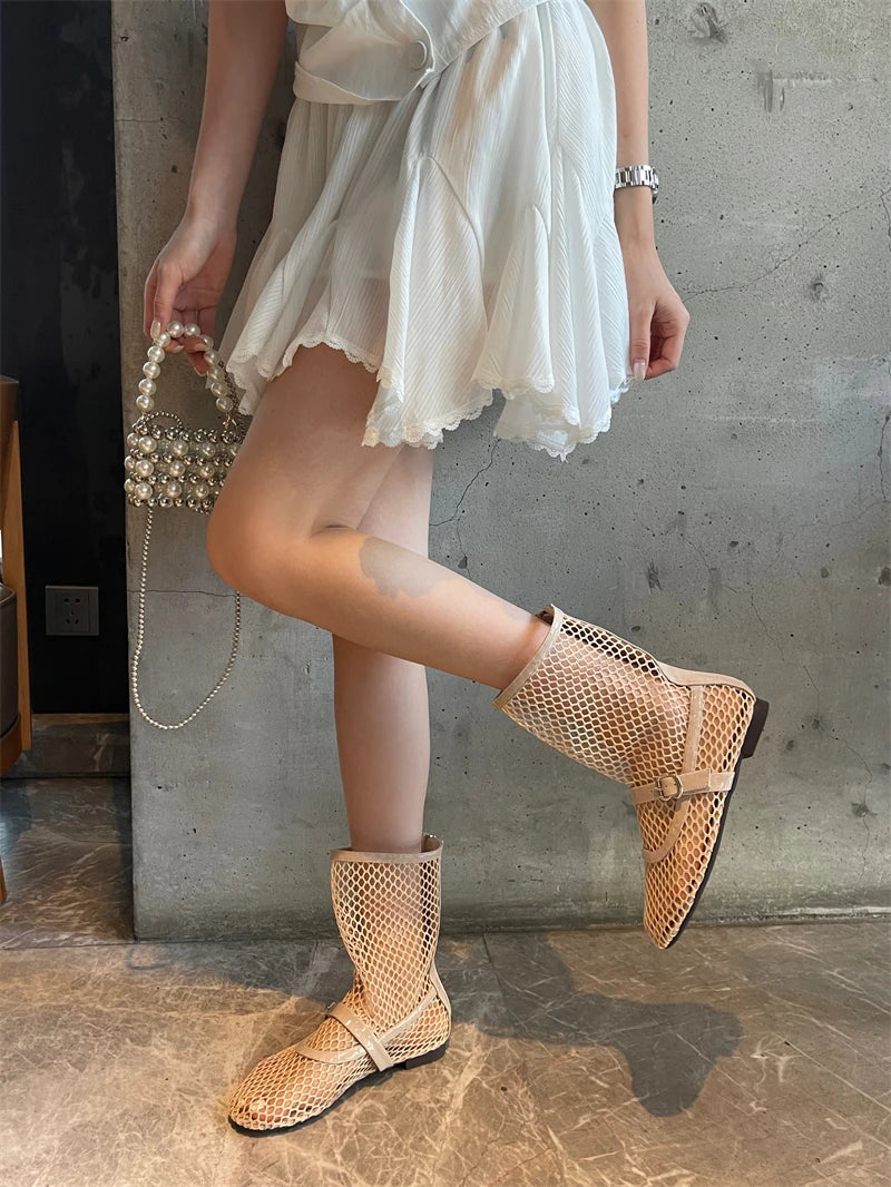 Woman Ankle Boots Burgundy Mesh Flat Shoes Porosity Round Toe Low Heels Shoes White Flats Size 43 Botas Feminino