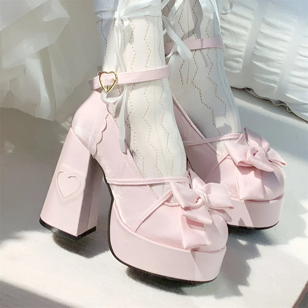 Lolita Bow Bow Decor Pumps Platform Chunky High Heels Ankle Strap Sweet Cute Elegant Pumps