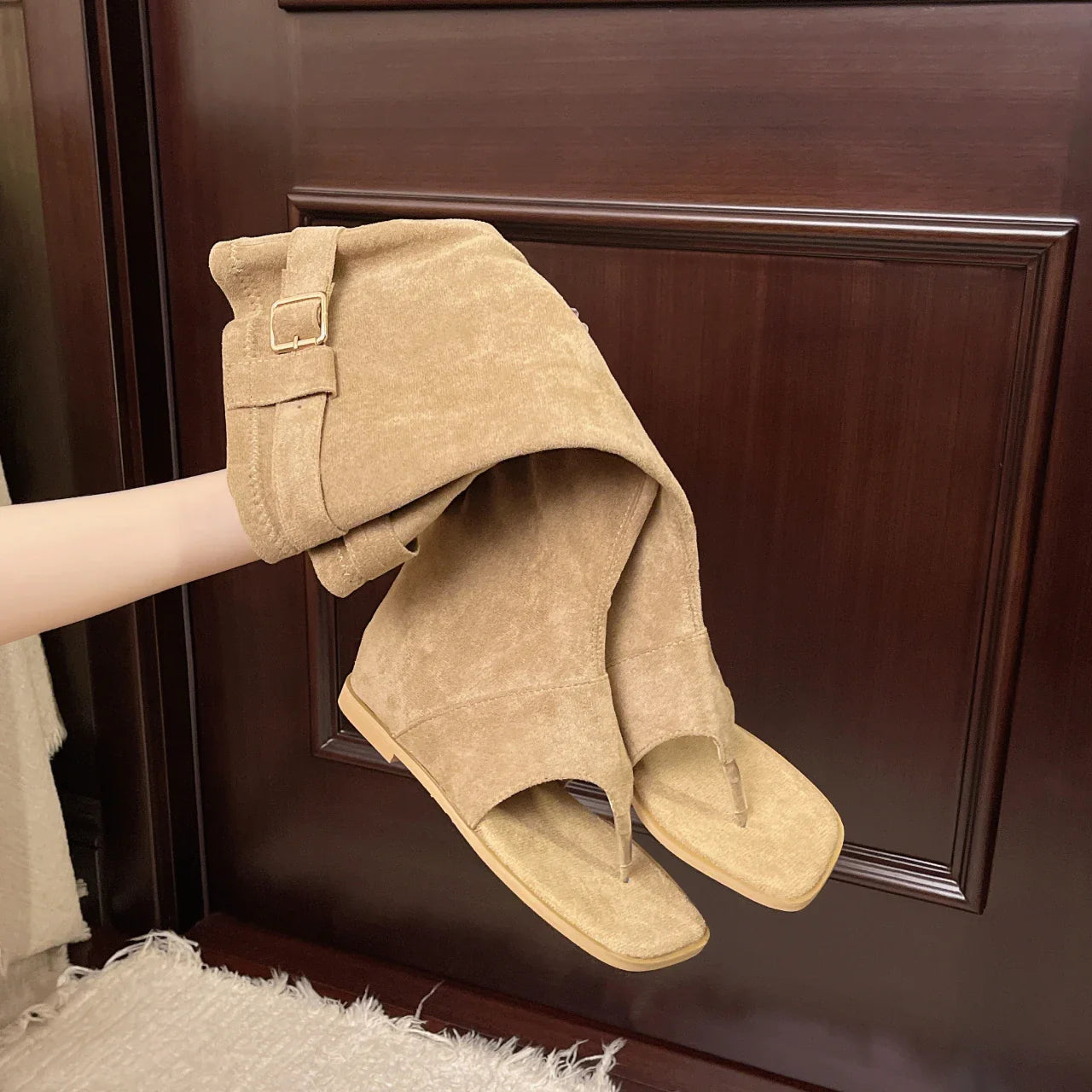 Internal Elevation Knee High Boots Retro Style Clip Toe Shoes Causal Slip On Sandalias Booties