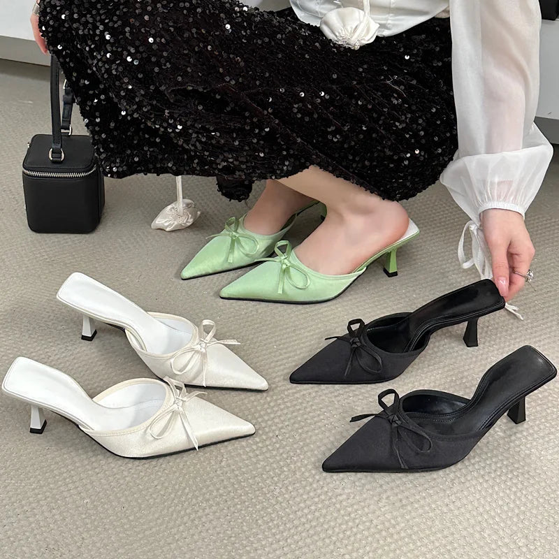 Butterfly-knot Slipper Pointed Toe Slip On Mules Thin Low Heel Zapatos Mujer