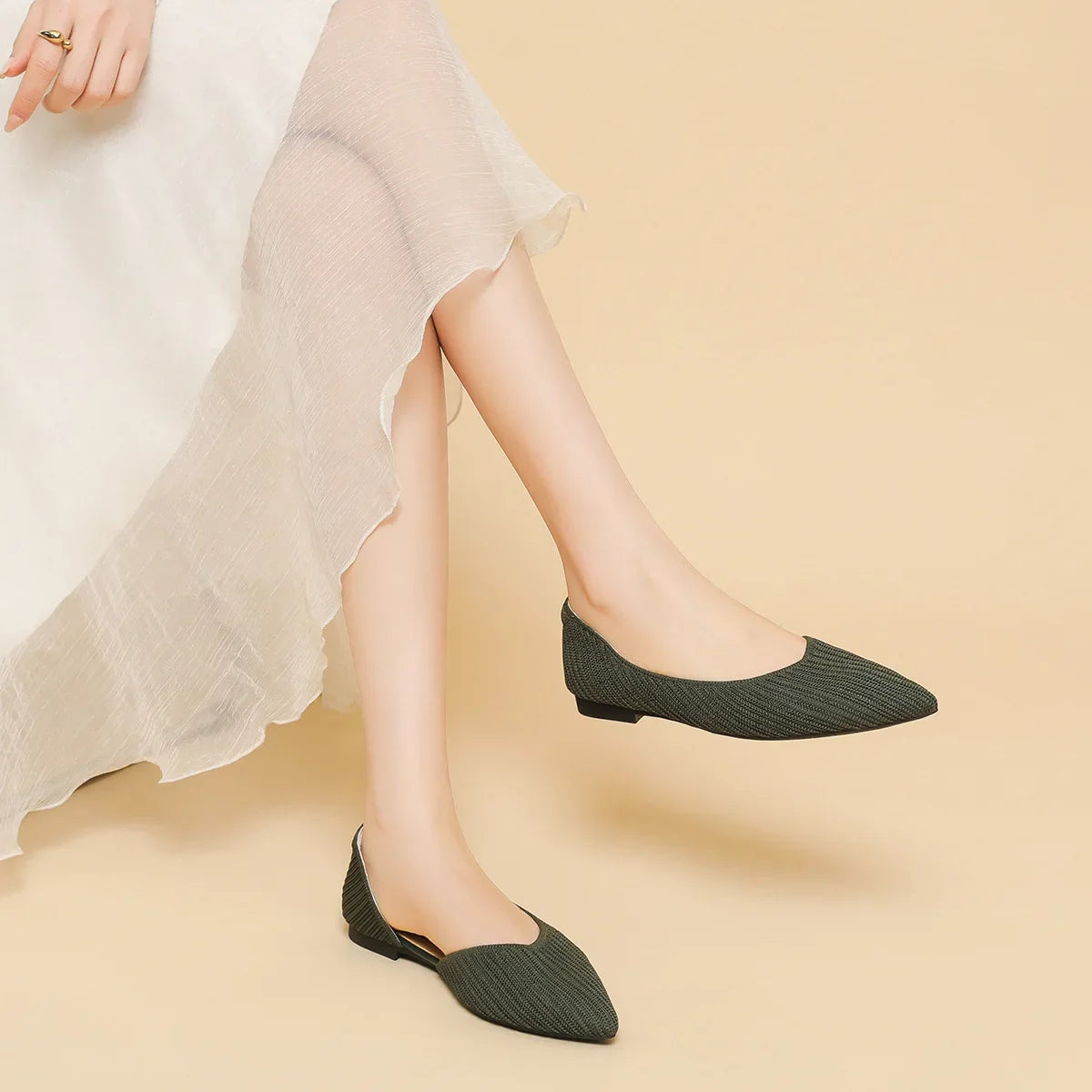 D'orsay Flats Shoes Stretch Soft Ballerinas Loafers Femmes Pointed Toe Slip On Moccasines Fly Weaving Princess Ballets