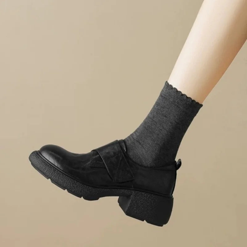 Round Toe Chunky Heels Loafers Casual Elegant Leather Slip On Mid Heels Shoes