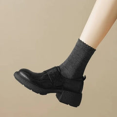 Round Toe Chunky Heels Loafers Casual Elegant Leather Slip On Mid Heels Shoes