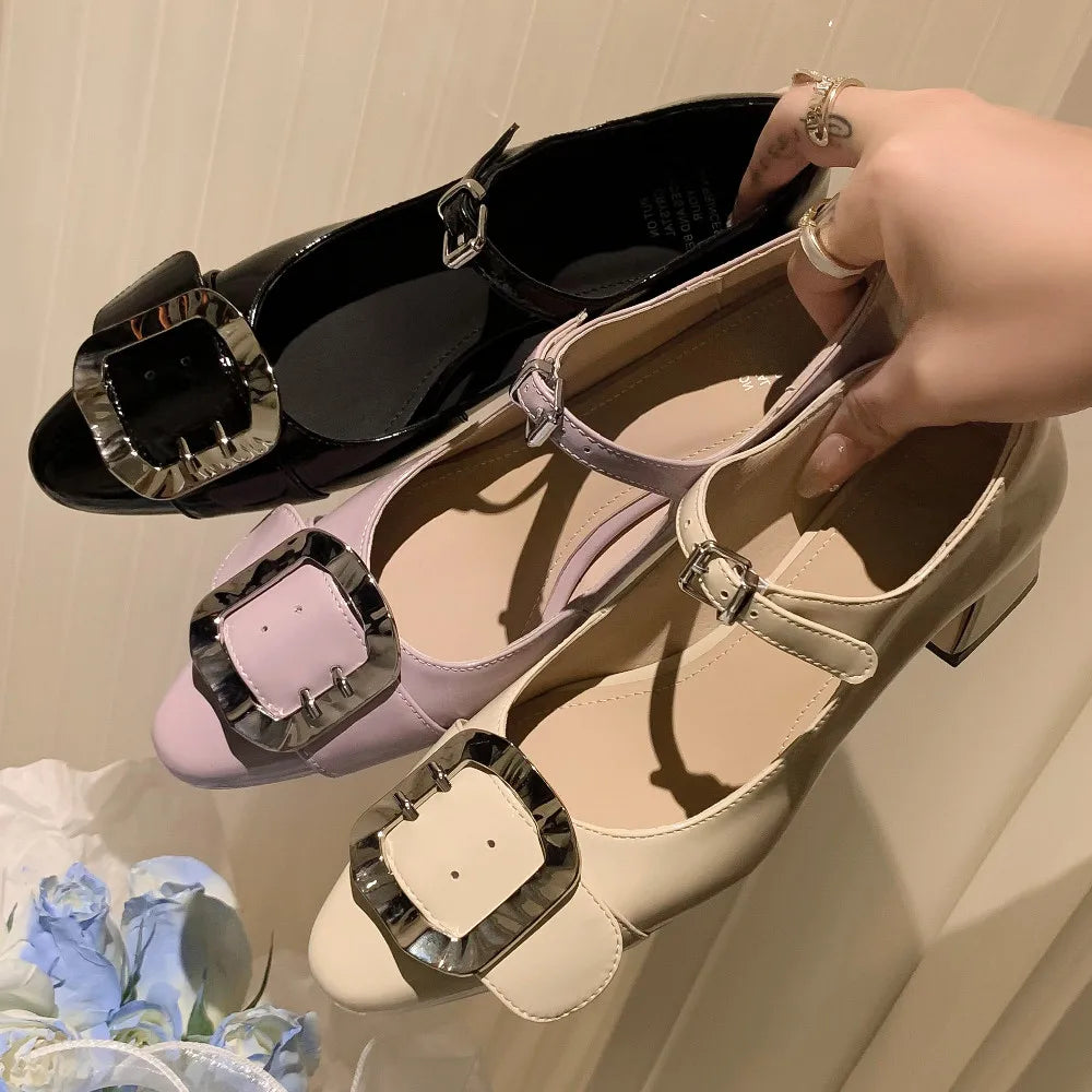 patent leather mary jane pumps 5cm thick med heel round toe big metal buckle decoration heeled
