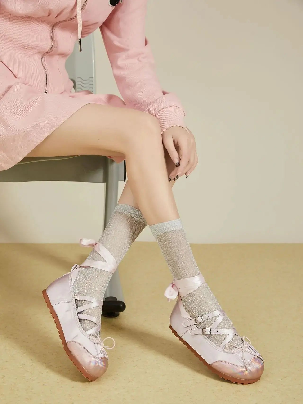 Ballet Flats Round Toe Lace Up Black Pink White Bow Shoes Sandals Ballerinas Mary Jane Shoes