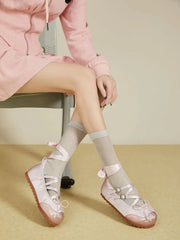 Ballet Flats Round Toe Lace Up Black Pink White Bow Shoes Sandals Ballerinas Mary Jane Shoes