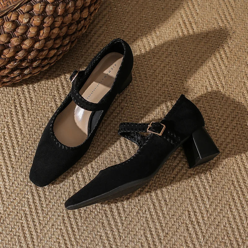 High Heeled One-word Buckle with Light Mouth Pumpss Thick Heel Small Square Head Mary Jane Shoes
