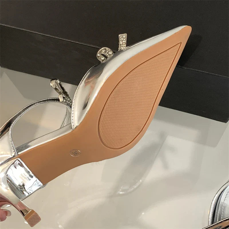 Crystal Butterfly-knot Pointed Toe Buckle Strap High Heels Party Prom Sandals Mule Shoes