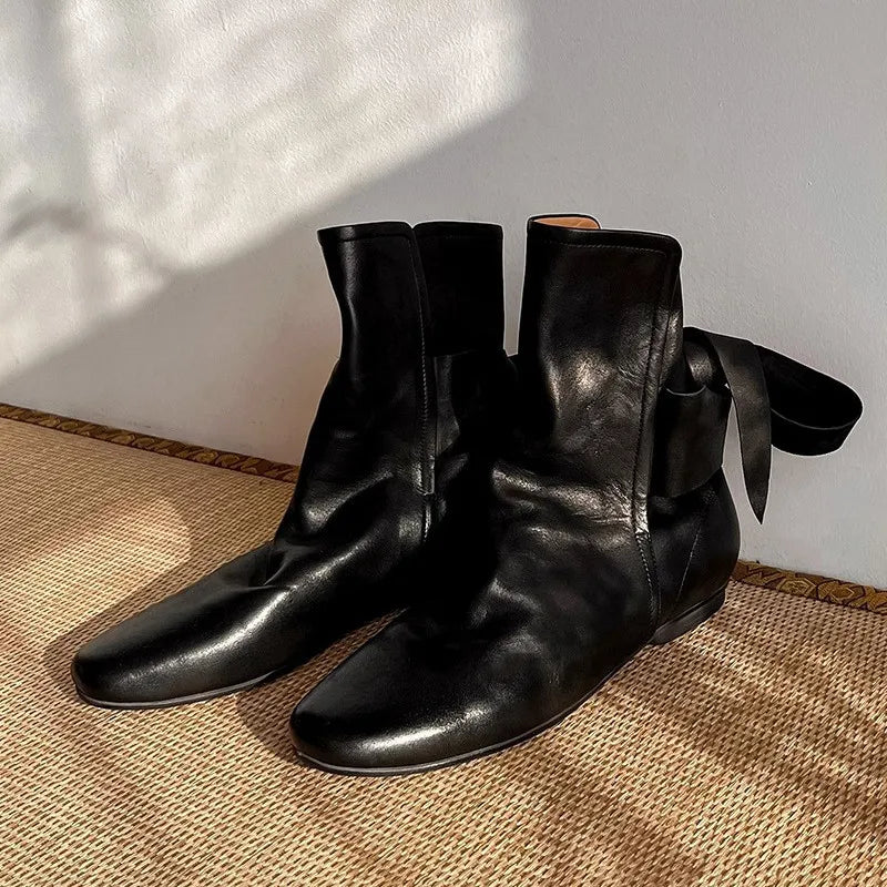 Soft Leather Lace-up Ankle Boots Comfortable Flats Short Booties Bowknot Chelsea Boots Shoes Botas