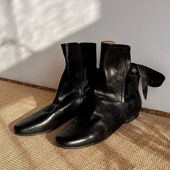 Soft Leather Lace-up Ankle Boots Comfortable Flats Short Booties Bowknot Chelsea Boots Shoes Botas