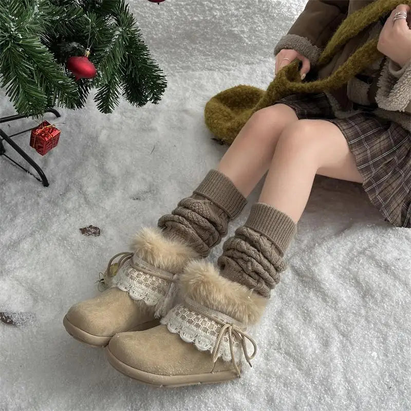 Sweet Lace Decoration Furry Suede Snow Boots Thick Bottom Fluffy Fur Ankle Boots Warm Plush Shoes