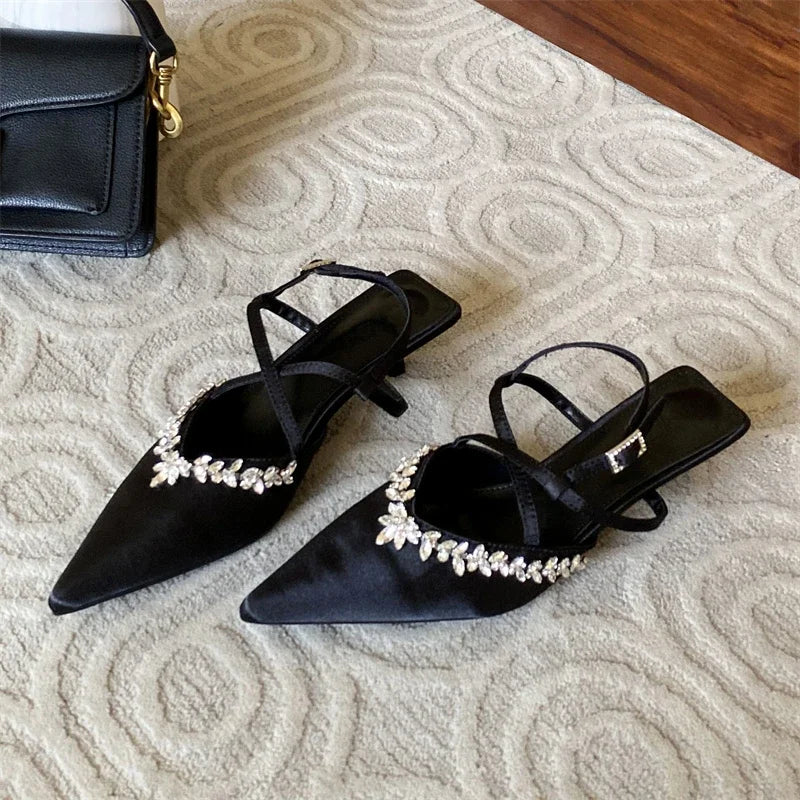CRYSTAL Pointed Toe Narrow Band Woman Pumps Sandals Elegant Thin Low Heels Slingbacks Buckle Strap