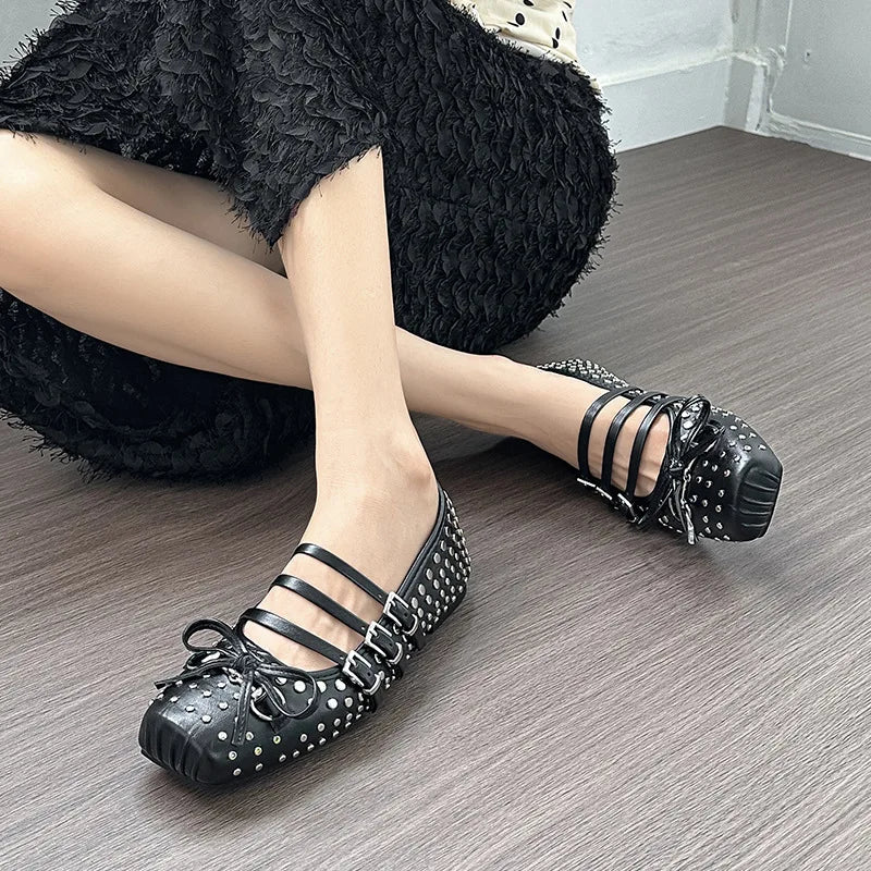 Rivet Ballet Burgundy Mary Jane Flat Shoes Bow Square Head Casual Comfortable Shoes