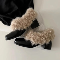Ins style Square toe Patent Leather Wool Warm High heels Loafers Casual Girls Chunky Shoes