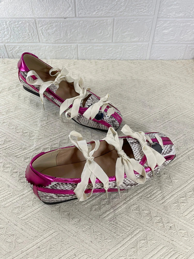 Lolita Square Toe Purple Flat Ballet Shoes Straps Bow Color Matching Mary Jane Shoes