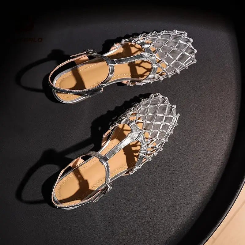 French Retro Hollowed Out Mesh Sandals Square Toe Sandals