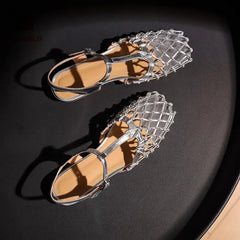 French Retro Hollowed Out Mesh Sandals Square Toe Sandals