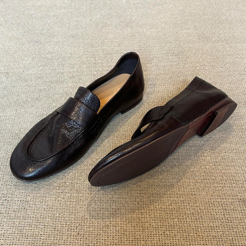 Retro Black Soft Leather Brand Flat Pumps Comfort Concise Loafers Outdoor Commuter Office Shoes Zapatos De Mujer
