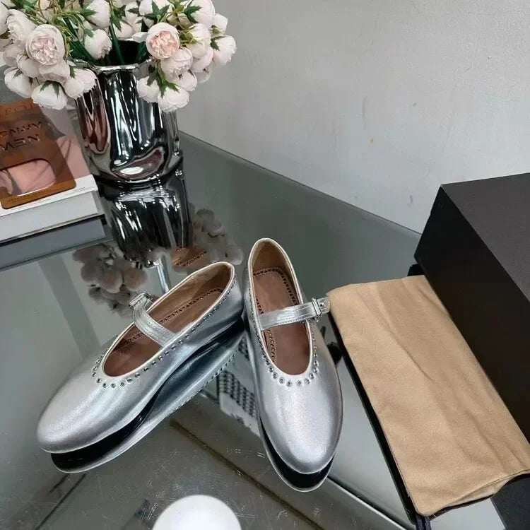 Casual Comfort Flat Mary Jane Single Shoes European and American Rivet Buckle Shoes Dance Shoes