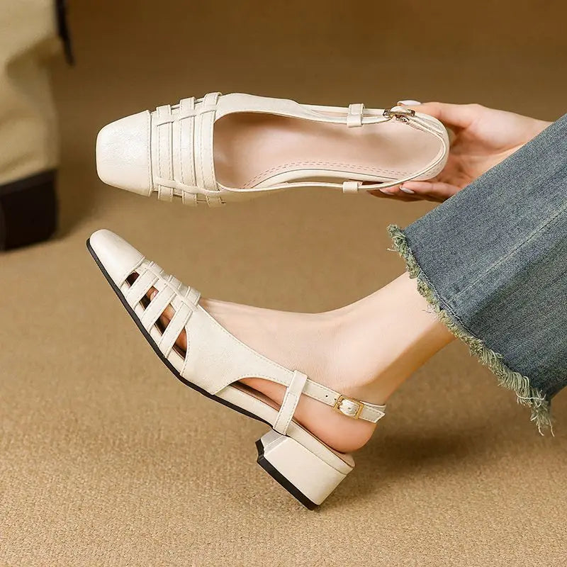 Design Vintage Square Toe Block Heels 3.5cm Back Buckle Strap Big Size 43 Dating Shoes 31 32