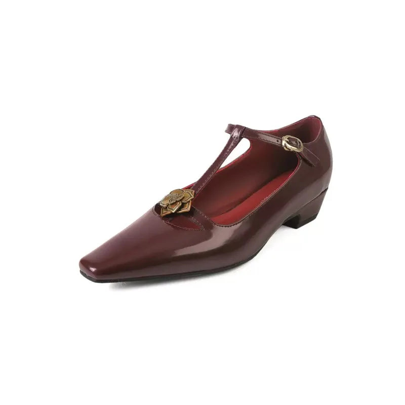 Retro Mary Jane Leather Buckle Thick Heel Square Toe Metal Flower Shoes 34-40