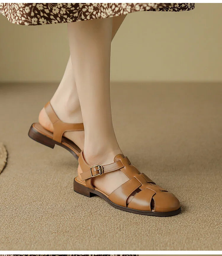 Sandals Low Thick Heel Genuine Leather Hook and Loop Back Strap Casual Sandals Solid Color Shoes