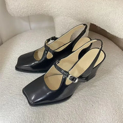 Black Patent Leather Mary Janes Slingbacks Wave Toe Chunky High Heels Office Lady Daily Shoes