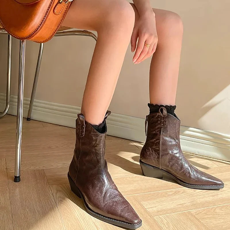 Pointed Toe Back Zipper Ankle Boots Thick High Heels Shoes Boots Cowboy Western Boots Botas de mujer