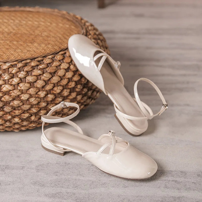 cover toe cross band gladiator sandals japanned leather ankle strap sandalias mujer low heel shoes