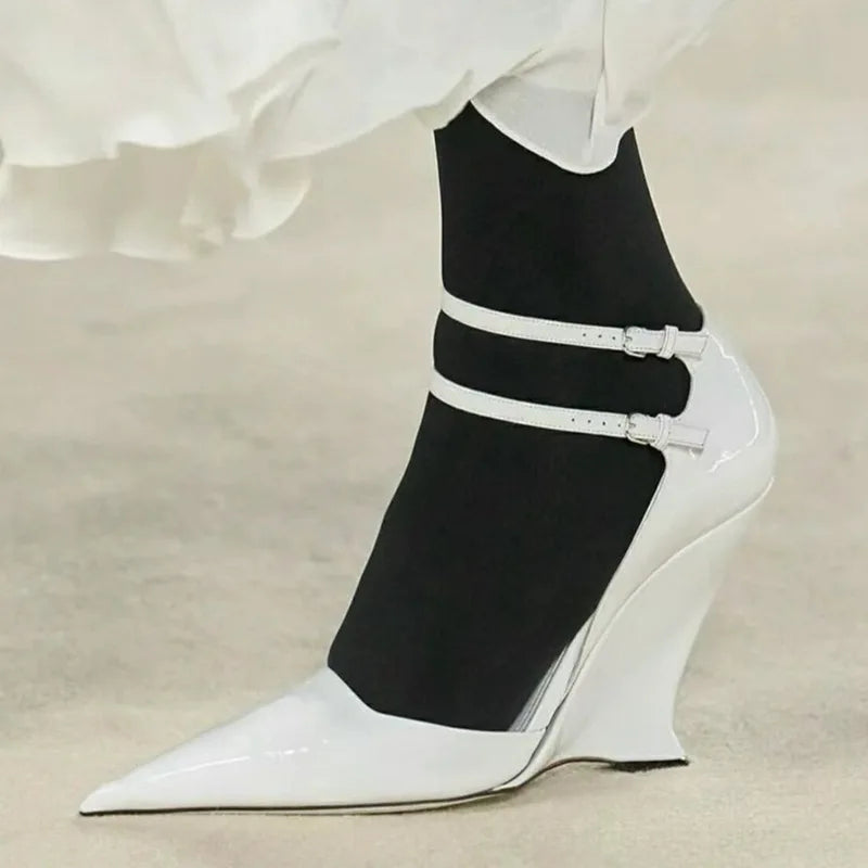 Buckle Strap Patent Leather Wedges Sandals Pointed Toe High Heels Woman sandalias de las mujeres